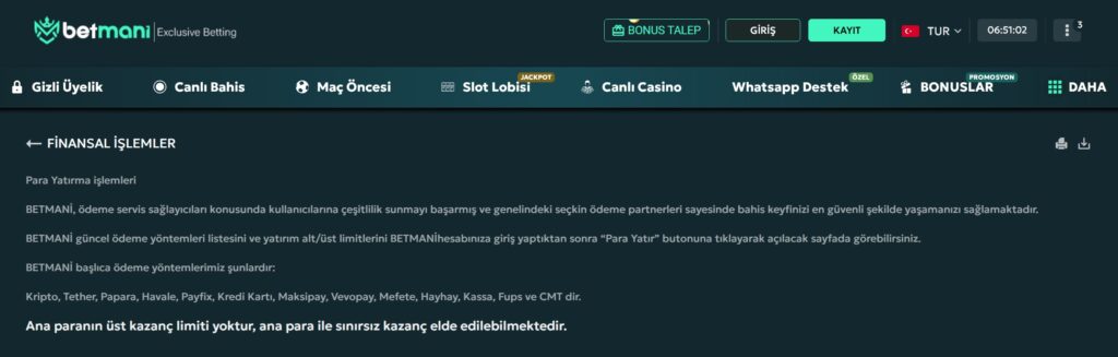 betmani finansal işlemleri