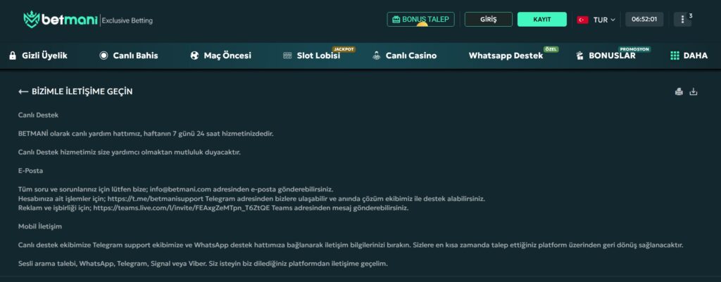 betmani müşteri hizmetleri ve iletişim